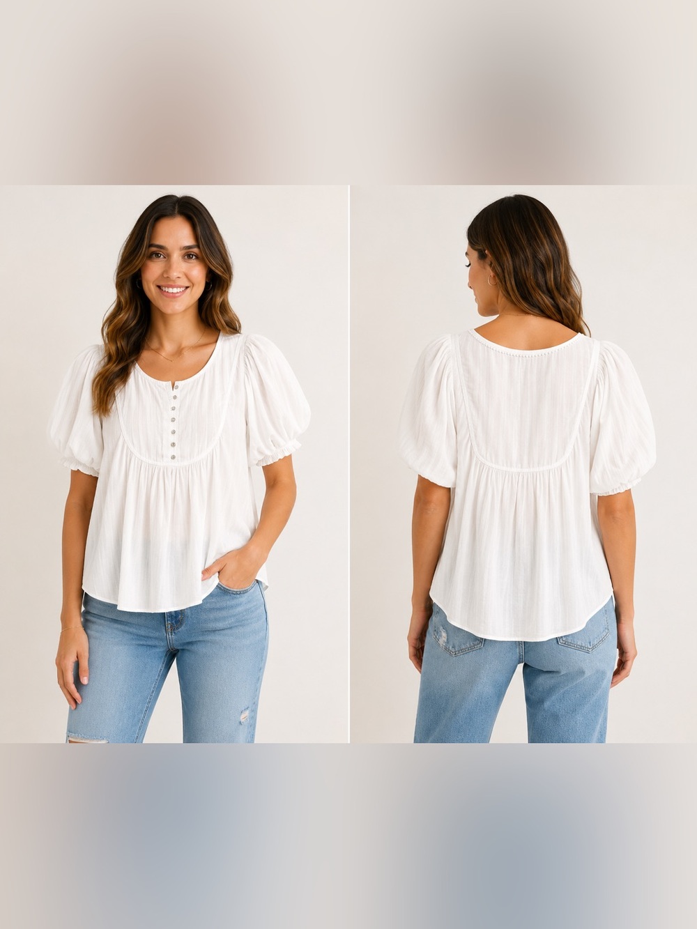Anthropologie Drapey Henley Pleated Puff Sleeve Top White‎ Extra Small XS